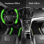 Leather Steering Wheel Cover and Waterproof Car Floor Mats,Microfiber Universal Car Combo Fit for 95% Sedan,SUV,Cars,14.5-15inch Sporty Anti-Slip Comfortable Design(Black＆Fluorescence Green)