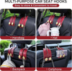 2PCS Leather Car Seat Hooks for Headrest, Vehicle Hanger Storage Organizer Universal for Handbag Purse, Car Accessories Gift (Red-Gold)
