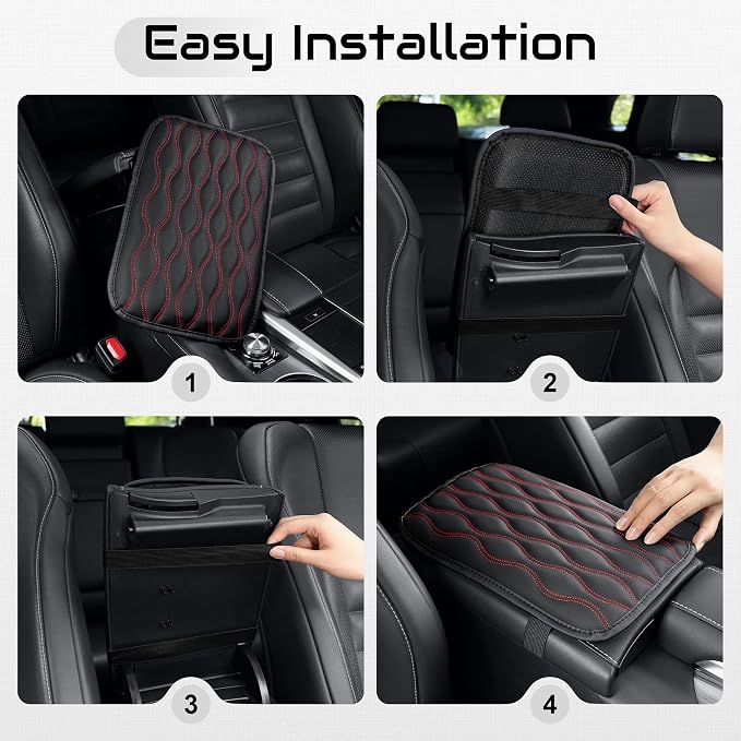 Car Center Console Cover, Upgraded Leather Car Armrest Cushion, Universal Waterproof Cushion Pad, Non-Slip Car Interior Accessories, Fits Most Sedans SUVs Trucks (Red Line)