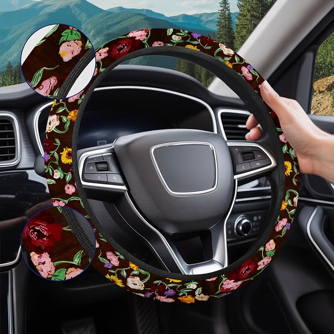 Vintage Floral Music Steering Wheel Cover, Polyester Car Wheel Grip, Universal 15 Inch for Cars SUVs Trucks
