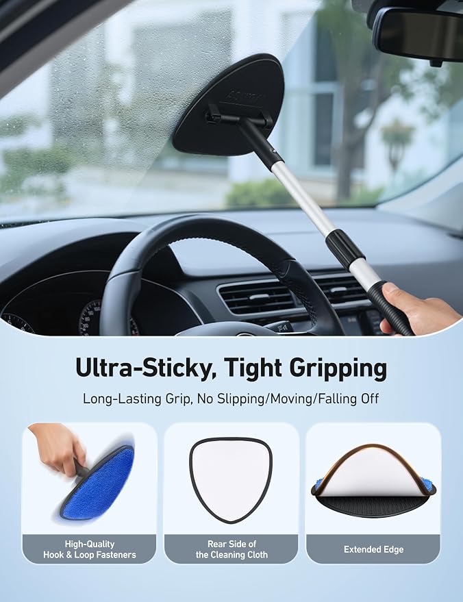Windshield Cleaner Tool, Car Window Cleaner with 4 Upgraded Microfiber Pads, 1 Spray Bottle, 180° Rotatable and Extendable Handle, Effortless Installation