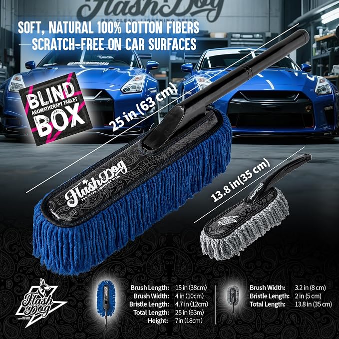 Car Duster Exterior - 25" Wood Handle | Wax Cotton Hair Scratch Free Cleaning for Cars/SUV/Truck/RV Roofs & Windshields | Waterless Dust & Pollen Remover