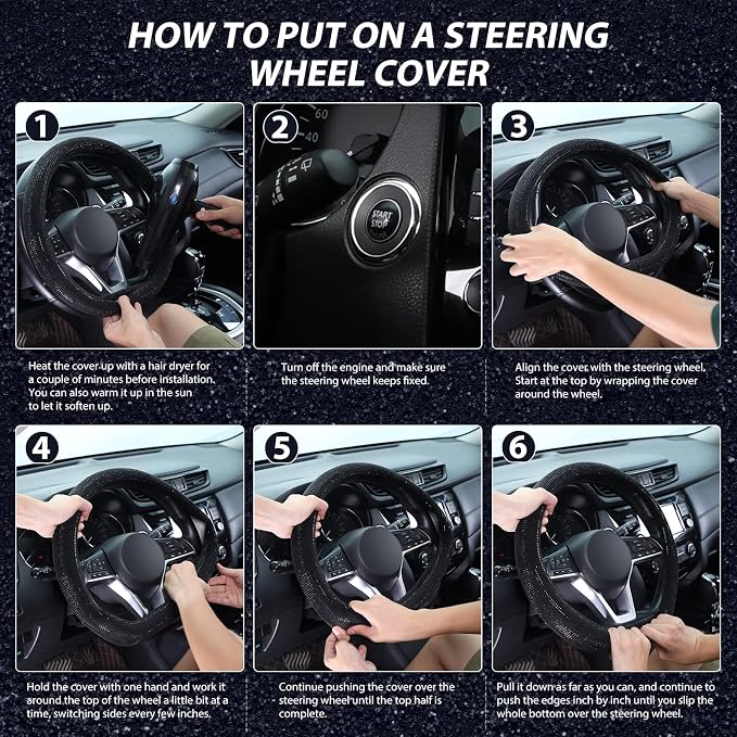 Diamond Flat Bottom Steering Wheel Cover, D Shaped Car Wheel Cover 14 1/2-15 in. (37-39 cm), Bling Sparkly Rhinestones, Black with Black Diamond