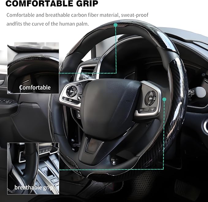 3PCS Carbon Fiber Steering Wheel Cover-Segmented Clip-On Design Anti-Slip & Scratch Resistant Universal Fit 14.5"-16" for Cars/Truck/SUV Great Gift for Men & Women