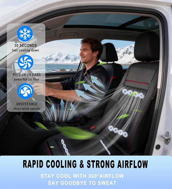 Cooling Car Seat Cushion with Massage, 3-in-1 Ventilated Car Seat Cover, 12V Cooling Seat Cover for Front Seat, Universal Car Seat Cooler for Car, SUV, Truck (Black-2)