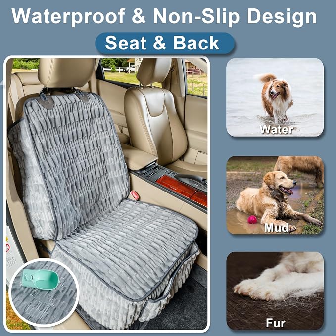 Dog Car Seat Cover for Front Seat, Soft Plush Waterproof Pet Protector with Non-Slip Bottom, Full Coverage with Side Flaps, Against Hair, Dirt and Scratches for SUVs and Trucks (Grey, Front)