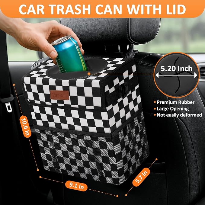 Car Trash Can Bin with Lid Hanging for Back Seat, Car Accessories for Women Men Leak Proof Automotive Garbage Cans Leakproof Vehicle Trash Can for Truck SUV,Black White Checkered