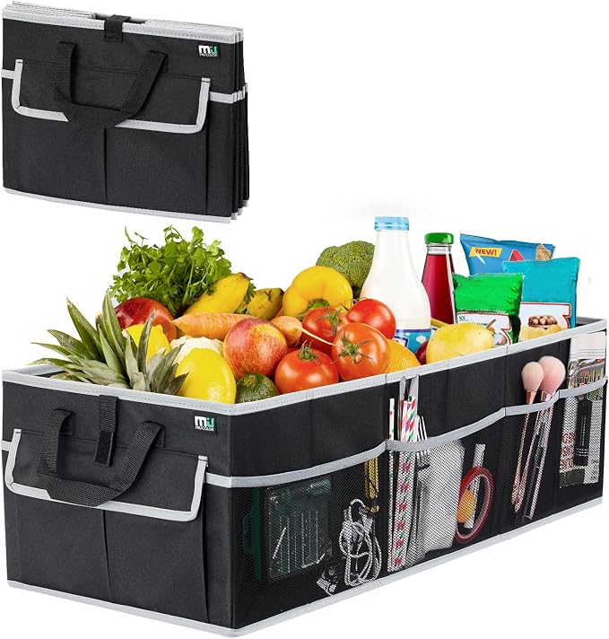 Trunk Organizer for Car, SUV Trunk Organizer, 12 Pockets, Non-Slip Bottom, Sturdy Oxford Car Organizer for Sedans, Van, Jeep, Grocery, Large 3 Compartments, Black Gray, 32"×13"×10.6"