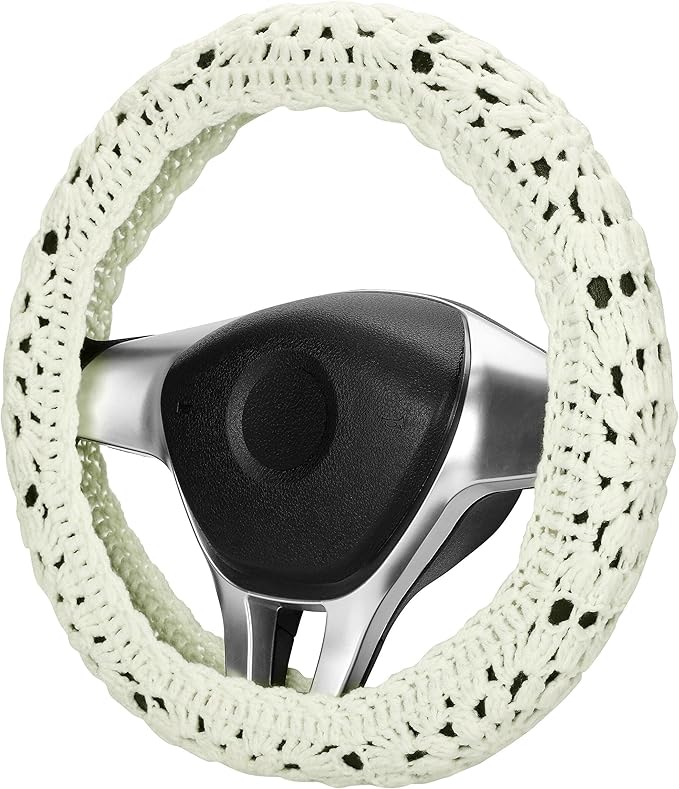 Crochet Steering Wheel Cover Set,Cute Car Steering Wheel Cover Boho 14-15in,Handmade Sunflower Granny Square Pattern,Women Car Accessories (A Wheel Cover)