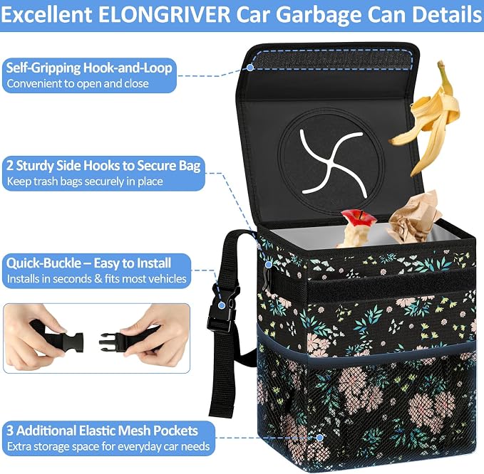 Car Trash Can Bin for Back Seat Leak Proof, Cute Car Trash Bag Hanging, Vehicle Trash Can for SUV Truck Van, Automotive Garbage Cans Front Seat Colorful Floral