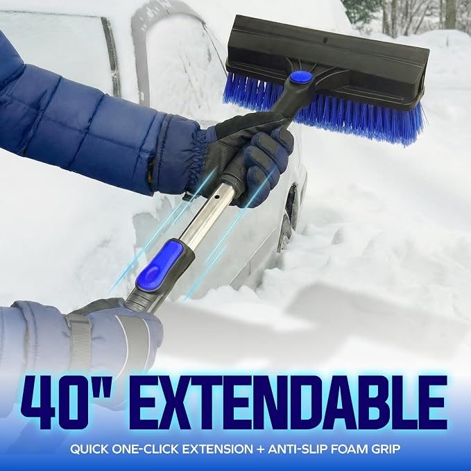 45" Multi-Purpose Ice Scraper and Extendable Snow Brush for Car Windshield with Foam Grip and 360-Degree Pivoting Brush Head, SJEG-SB45S