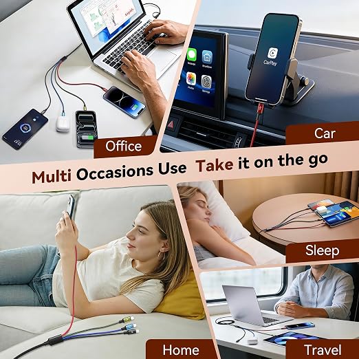 Dual USB-C 4 in 2 Multiple Charging Cable for All Devices with USBC/Lightning/Micro Ports,Type C Cable iPhone Charger Cord,Travel Car Charger for iPhone Series,Android,iPad,Kindle,PS - 2Pack/6Ft