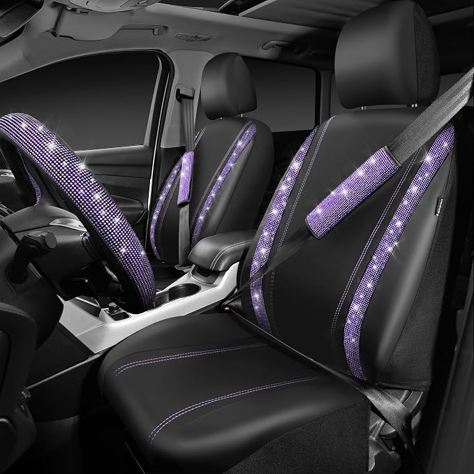 Bling Diamond Leather Car Seat Covers 11 PCS, Sparkly Rhinestone Steering Wheel Cover Glitter Cute Interior Car Accessories Sets Seat Belt Cushion Cup Holder Coaster Women Girl, Violet Purple