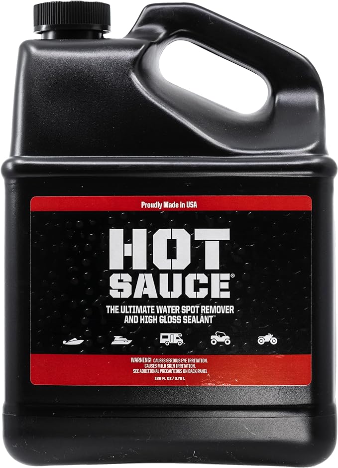 Hot Sauce Hard Water Spot Remover with Wax Sealants, 1 Gallon | Hard water spot remover cleans without stripping wax, adds glossy sealants and works on boats, RVs, autos and glass