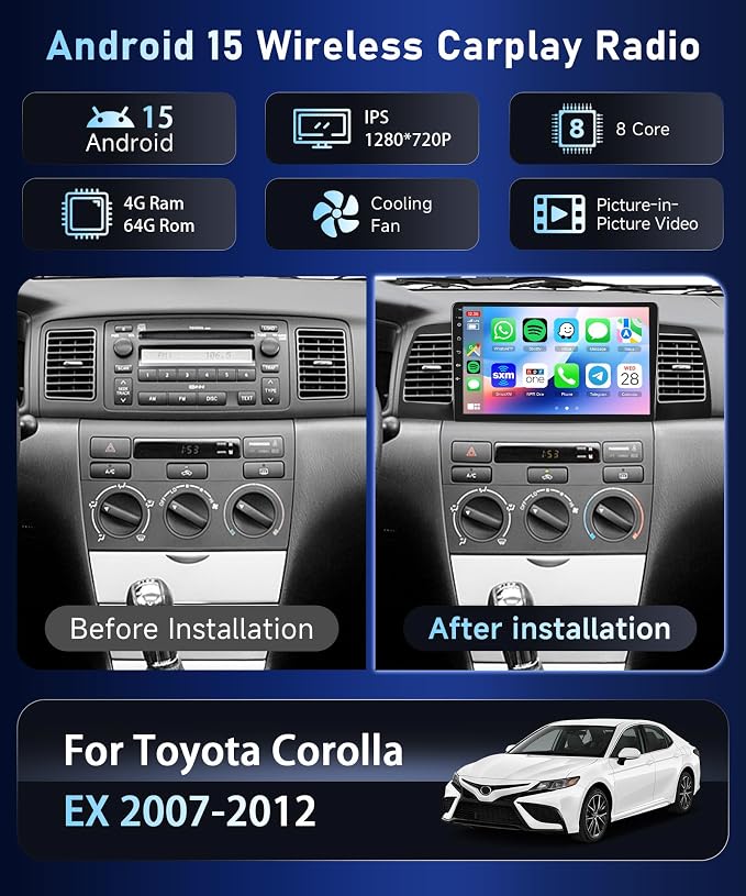 8Core4+64G Car Stereo for Toyota Corolla EX 2007-2012 Wireless CarPlay/Android Auto Android Radio with Qualcomm 9" IPS Touch Screen,BT5.1,DSP Hi-Res,GPS,SWC,Backup Camera for Toyota Corolla Radio