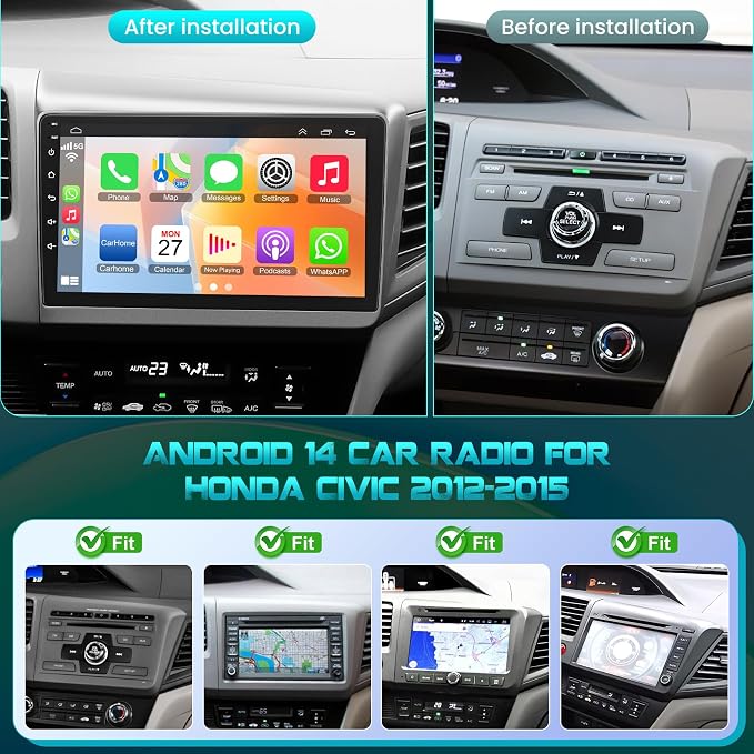 Car Radio Stereo for Honda Civic 2012 2013 2014 2015 | 4G+64G Android,with Wireless Carpaly & Android Auto,9 Inch Touch Screen, GPS Navigation,Bluetooth 5.2,FM Radio,Backup Camera