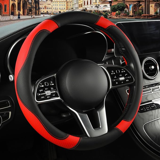 Black Red Microfiber Leather Steering Wheel Cover 15 inch | Breathable Anti Slip Grip Cool Sporty Look Glow for Women Men