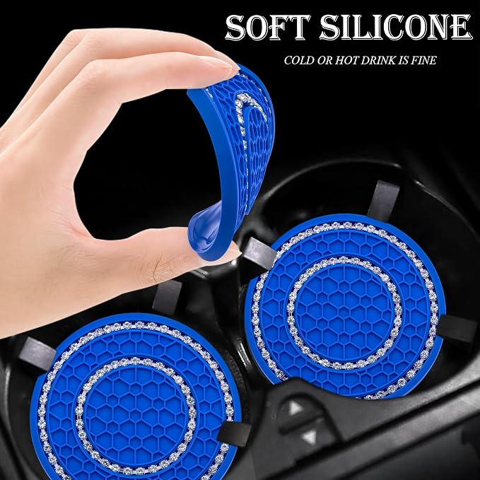 4PCS Bling Crystal Rhinestone Cup Holder Coaster, 2.75 inch Soft Silicone Anti-Slip Shockproof, Car Cup Holder Insert Coasters, Universal Car Interior Accessories for Women (Deep Blue & White)