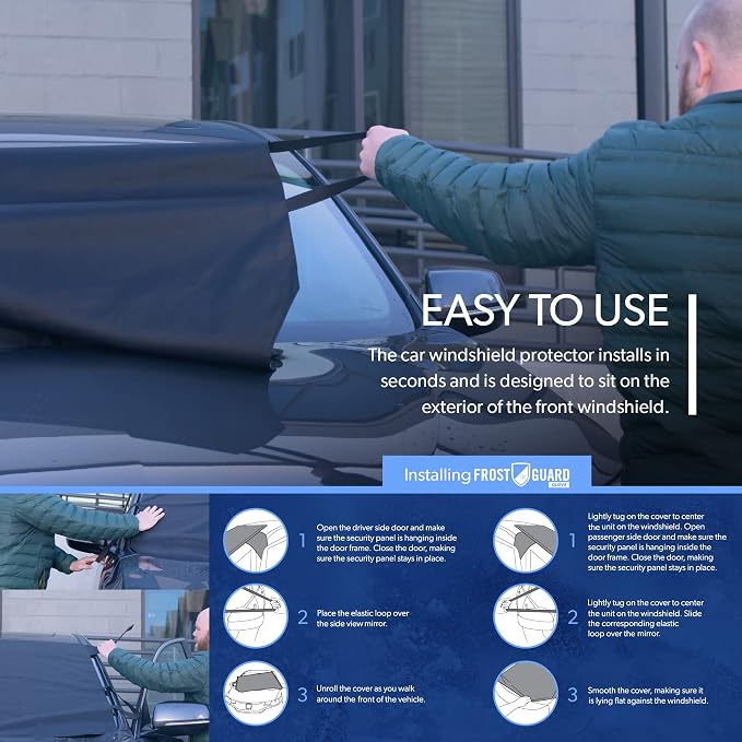 Glove | Car Windshield Cover for Ice and Snow - Standard Size, Fits Sedans and Compact Cars - Features Elastic Loops, Security Panels + Storage Pouch - Black, Measures 59 x 41 Inches