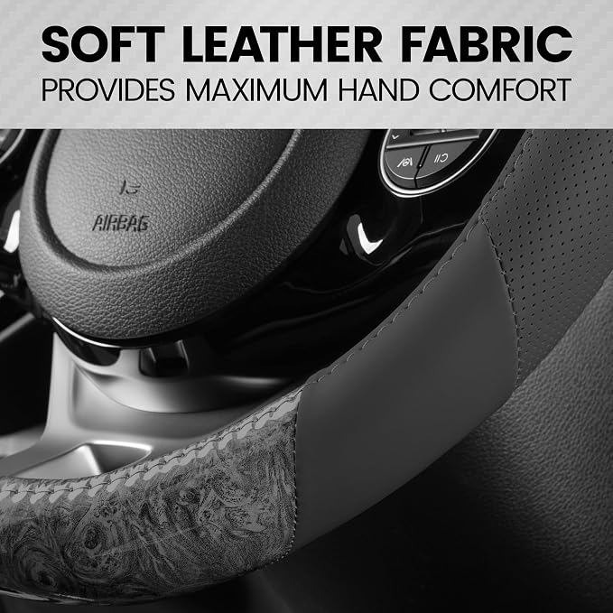 BurlwoodLux Wood Grain and PU Leather Gray Steering Wheel Cover - Sport Grip for Car Auto SUV Trucks