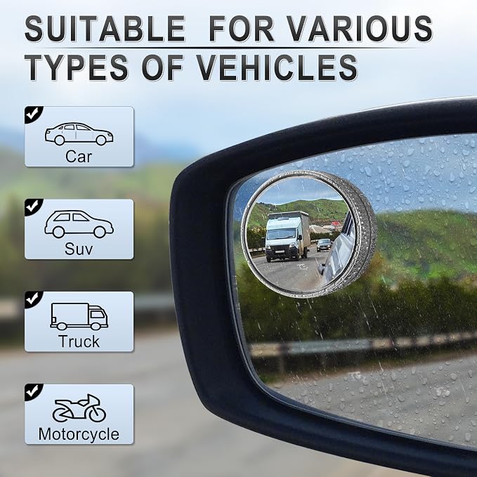 Blind Spot Mirror, 2" Round HD Glass Frameless Convex Accessories with Suction Cup, ABS Housing, 360° Adjustable Wide-Angle Rear View Mirror for Cars, SUVs, and Trucks, Pack of 2