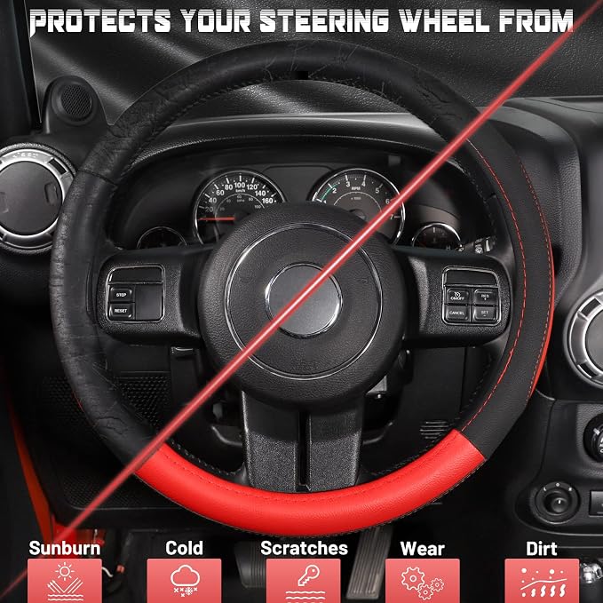 Car Steering Wheel Cover for F-150 Tundra Range Rover 15.5-16 inch, Black and Red Microfiber Leather
