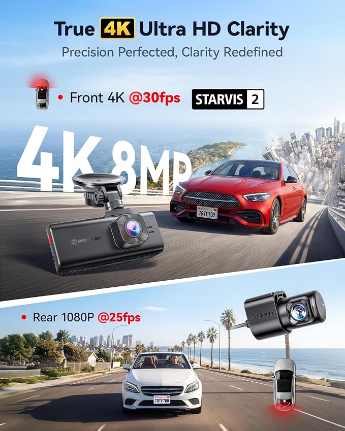 F7NA 4K Dual Dash Cam, STARVIS 2 IMX678, 8MP, 5GHz WiFi (20MB/s Fast Download), 4K Front 1080P Rear, GPS, Voice Control, WDR, HDR Night Vision, 24H Parking Mode, Support 512GB Max(No SD Card)