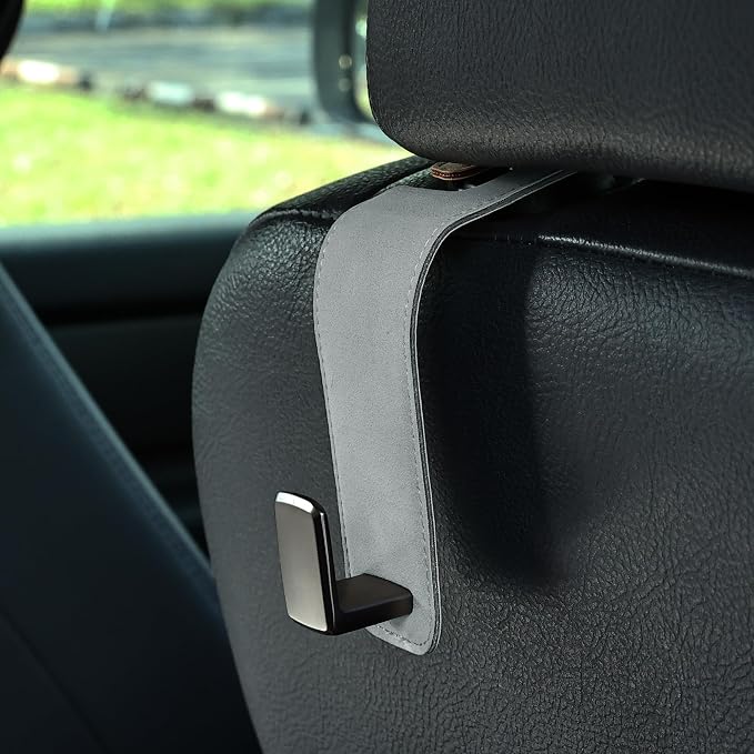 Car Seat Back Hook Universal Auto Storage Hanger Suede with Metal Car Seat Organizer for Handbag Purse Coat Umbrellas Grocery Bags 2 Pack Light Gray