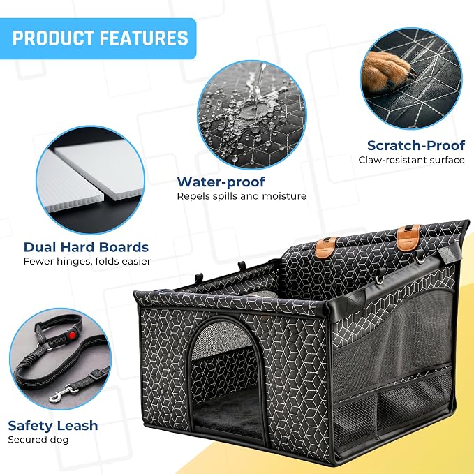 Dog Car Seat for Large Medium Dogs, Back Seat Extender for Pets with Hard Bottom, Waterproof Dog Seat Cover with 3 Mesh Windows, Removable Fleece Mat for Cars SUVs Trucks
