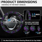 Purple Rose and Butterfly Steering Wheel Cover for Women, Anti-Slip Car Steering Wheel Cover with 2 Pcs Cup Holders Neoprene Breathable Car Accessories Universal 15 Inch Auto Interior Decor
