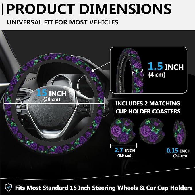 Purple Rose and Butterfly Steering Wheel Cover for Women, Anti-Slip Car Steering Wheel Cover with 2 Pcs Cup Holders Neoprene Breathable Car Accessories Universal 15 Inch Auto Interior Decor