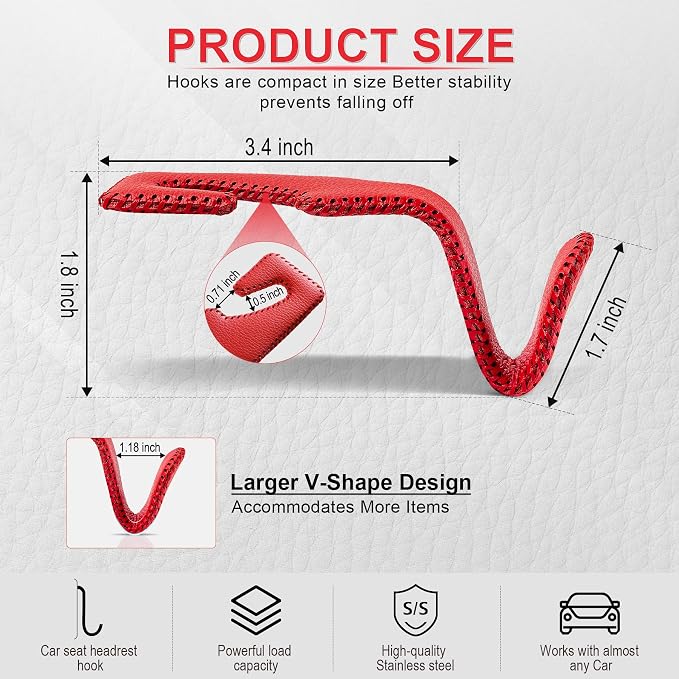 Red Superior Leather Car Seat Back Headrest Hook, Auto Seat Hook Hangers Interior Accessories for Purse Coats Umbrellas Grocery Bags Handbag, 2-Pack