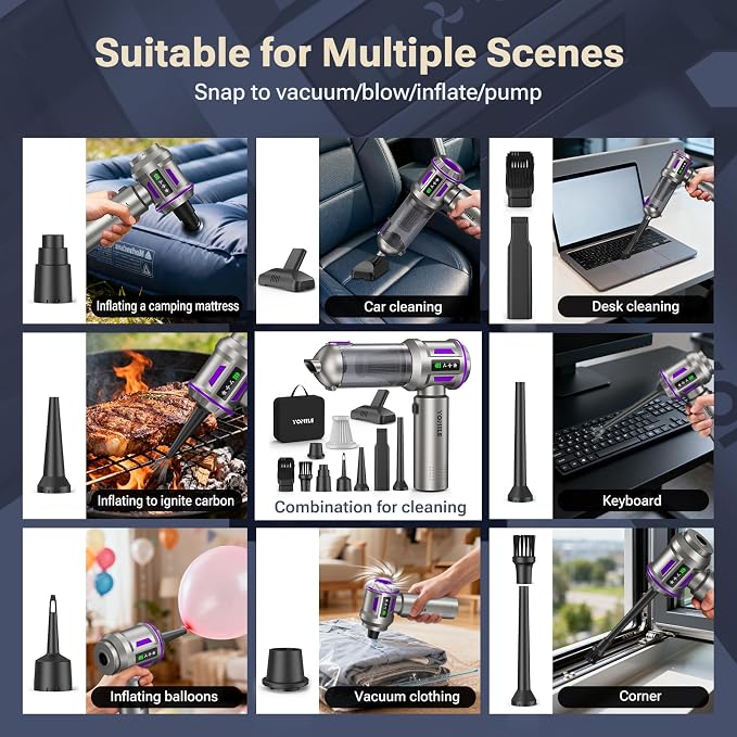 Mini Vacuum Cleaner, 2 in 1 27000PA Brushless Car Vacuum Air Duster 9000mAh Battery Air Blower Wireless Handheld Vacuum for Car,Office and Home (Dark Purple)