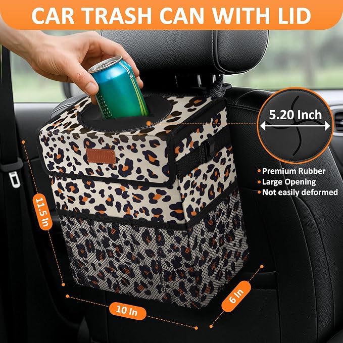 3 Gallons Cute Car Trash Can, Car Accessories for Interior Leak Proof Can Trash Bag Hanging Waterproof Automotive Vehicle Garbage Cans Leopard Print Pattern