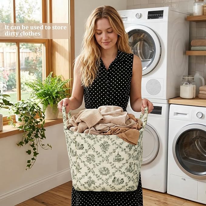 Floral Fabric Storage Basket Car Interior Storage Basket Underwear Sundries Laundry Baskets Supplies Home Organizer Bag (Green)