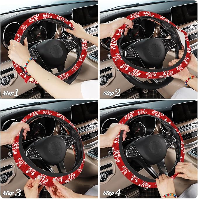 Christmas Snowflakes Steering Wheel Covers Universal 15 Inch Car Wheel Cover,Anti-Slip Breathable Car Accessories Protector Fit for Trucks,Sedans,SUVs,Vans