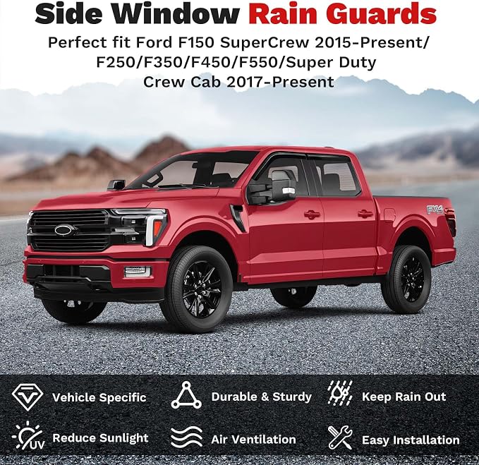 Window Visors Rain Guards for 2015-2025 2026 Ford F150 SuperCrew/2017-2026 F250/F350/F450/F550/Super Duty Crew Cab Accessories, Tape-On Side Window Wind Deflectors Vent Visors Rainproof Black