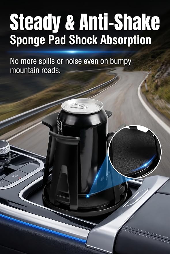 2 PCS Car Cup Holder Expander, Self-Adhesive Cup Holder Adapter with Adjustable Base and Clamp Arms, Universal Automotive Cup Holder Insert for Center Console (Black)