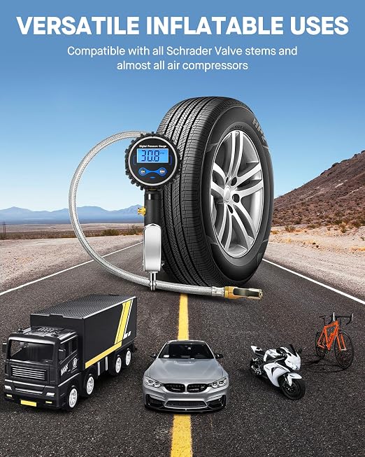 Digital Tire Inflator with Pressure Gauge 200 PSI - Large 2" Digital Dial, Heavy Duty Air Chuck and Compressor Accessories with Tire Tread Depth Gauge and Quick Connect Coupler Car Accessories