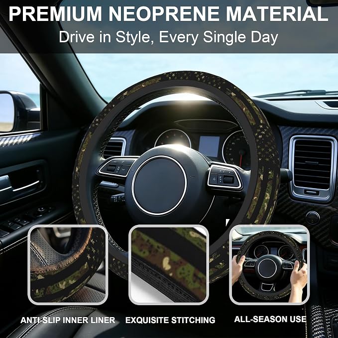 Vintage Camo American Flag Steering Wheel Cover for Men Women,Camouflage Universal 15 Inch Non-Slip Breathable Neoprene Steering Wheel Cover Fit Auto, SUVs,Includes 2 Pieces Cup Coasters