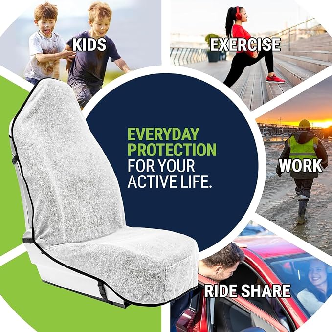 Towel Seat Cover, Waterproof Car Seat Protectors for Gym, Workout & Active Lifestyle, Universal Fit for Car SUV Truck Van, Non-Slip 3 Strap Design, Machine Washable, 1 Pack White