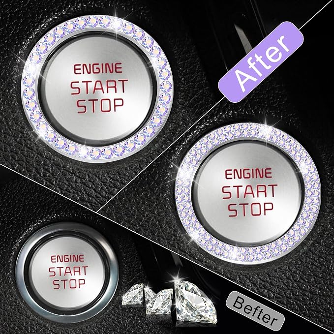 2 PCS Crystal Combinatorial Rhinestone Car Engine Start Decoration Ring, Push to Start Button Cover Sticker, Bling Car Interior Accessories for Women, Automotive Decals, Colorful