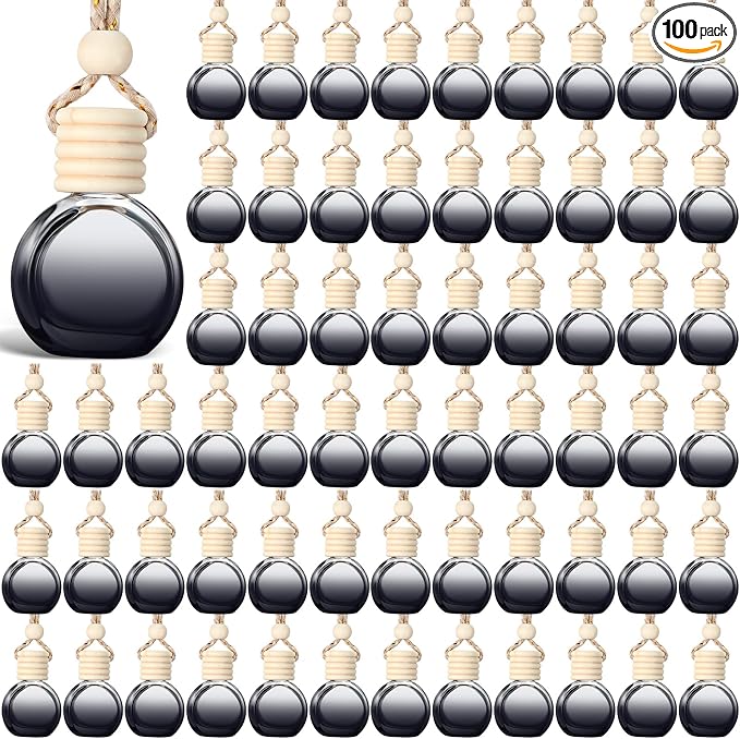 100 Pcs Car Air Fresheners Diffuser with Wooden Cap Empty Aromatherapy Diffuser Clear Car Fragrance Holder Pendant Hanging Perfume Fresheners Bottles for Decor (Black,Round)
