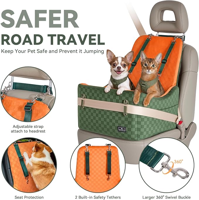 Dog Car Seat for Small/Medium Dogs Up to 35 lbs – Patented Safety System, 5" Memory Foam Pet Car Seat, Fully Detachable and Washable Cover, Front/Back Seat Travel Booster (Green & Orange)