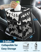 Car Trash Can with Lid, Leakproof Car Trash Bag Hanging Waterproof Automotive Garbage Can with Storage Pockets Mini Vehicle Trash Bin for Back/Front Seat(Cow Print,3 Gallon)