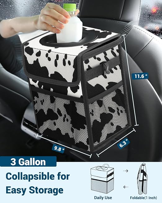 Car Trash Can with Lid, Leakproof Car Trash Bag Hanging Waterproof Automotive Garbage Can with Storage Pockets Mini Vehicle Trash Bin for Back/Front Seat(Cow Print,3 Gallon)