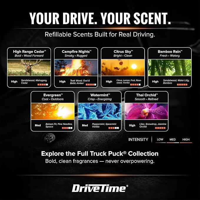 Truck Puck Campfire Night Fragrancee Car Air Freshener – Long-Lasting Car Deodorizer, Refillable Vent & Visor Clip Auto Air Freshener for Car, Truck & SUV, Premium Fragrance, Pack of 3