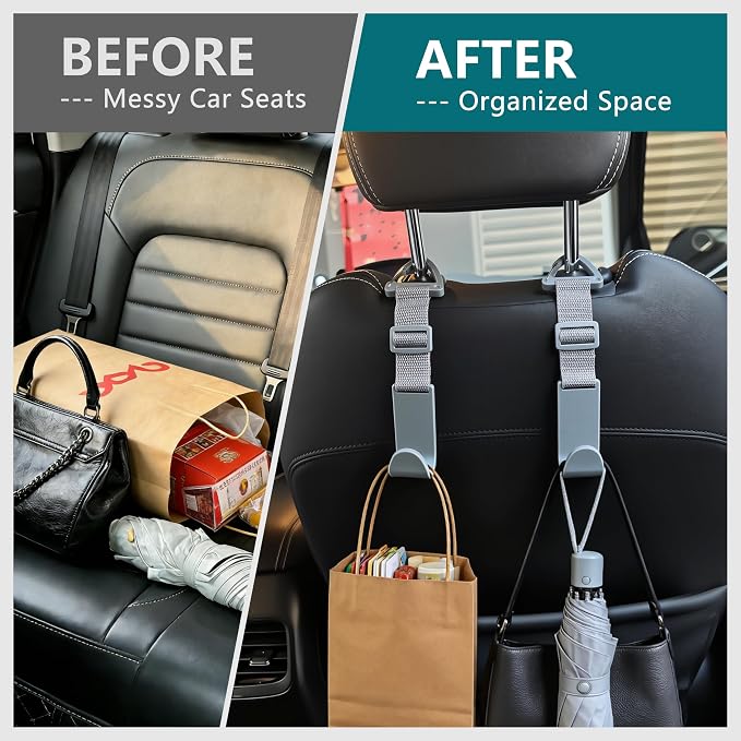 Headrest Hooks for Car Adjustable 4 Pack Vehicle Seat Back Organizer Storage Hanger Holder for Purse Bags Universal Fit with Clip Gray