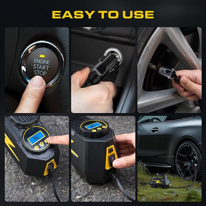 Tire Inflator Portable Air Compressor, 12V DC Car Air Pump with Auto Shutoff, 150 PSI Digital Gauge, LED Light, Metal Valve Connector, Accessories for Cars, Yellow