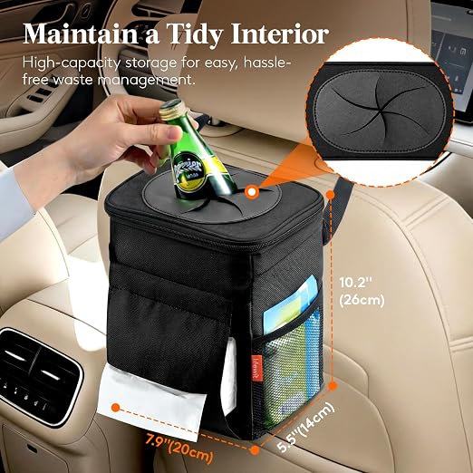 Car Trash Bin, 2 Gallon Leakproof Waterproof Vehicle Garbage Can with Lid & Tissue Holder, Car Interior Organizer for Front/Back/Console, Automotive Accessory, Black
